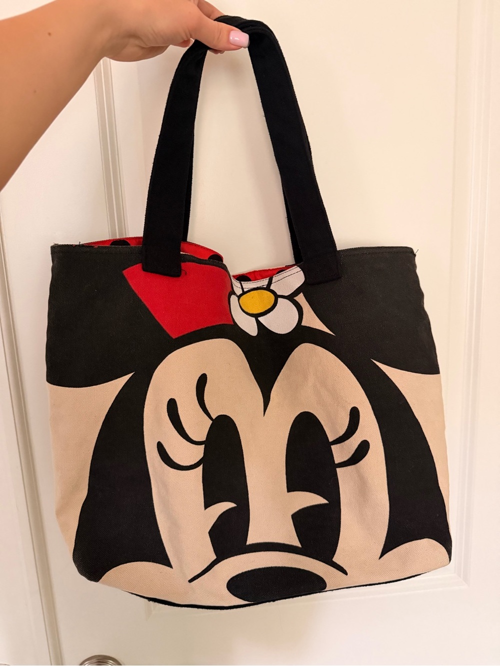 Minnie Mouse Black & Beige Canvas Tote Bag with Red Accent